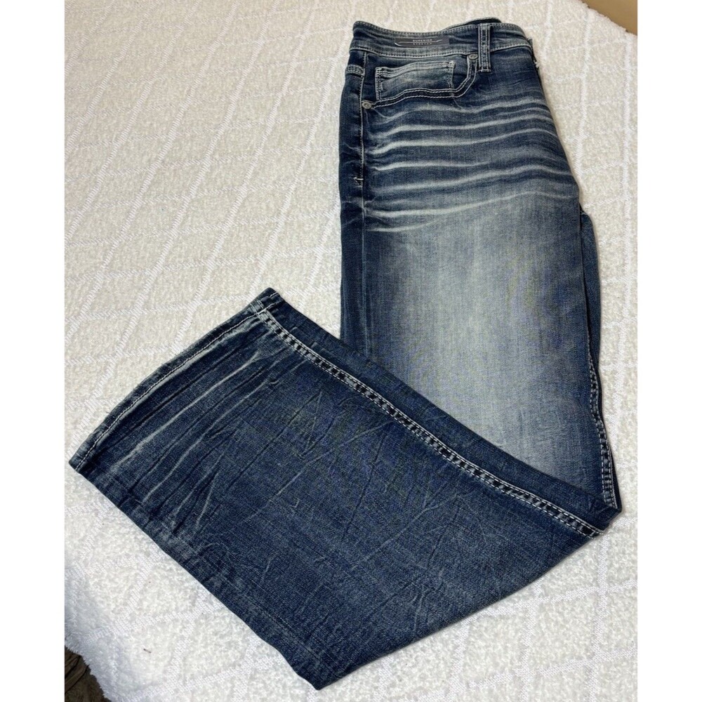 BKE Jake Superior Stretch Dark Blue Distressed Boot Cut Jeans Men’s Size 32X30